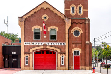 colonial facade of heritage 'number 8 hose station' in toronto, canada