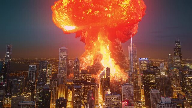 Atomic bomb nuclear nuke explosion over Chicago USA 4K