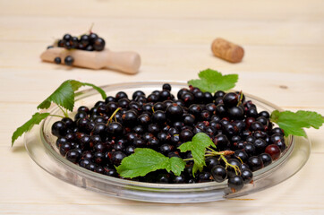 dish with black currants on the table close-up
