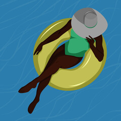 Młoda czarna kobieta relaksująca się na w basenie. Widok z góry szczupłej dziewczyny w stroju kąpielowym i kapeluszu na żółtym materacu w dużym basenie. Letnia wakacyjna ilustracja wektorowa. - obrazy, fototapety, plakaty