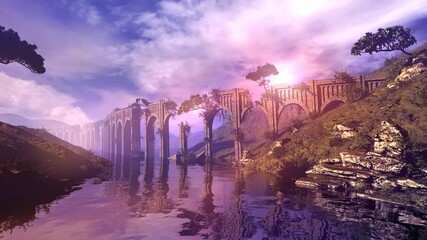 Video of a bright fantastic landscape with an aqueduct.
