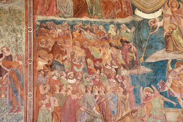 Part of fresco "Triumph of Death" or "Last Judgement" by Buonamico Buffalmacco 1336-1341, renovated fresco inside the Campo Santo, Pisa Italy, cemetery. Camposanto monumentale.
