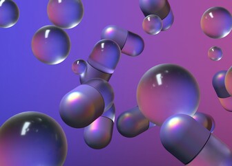 Floating capsules and pills in the air in neon light on a dark background. Realistic 3D illustration.