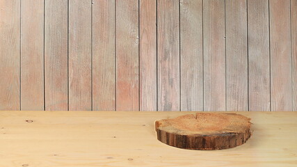Empty wooden table with stand on old background, rustic style, harvest concept, mock up for design...