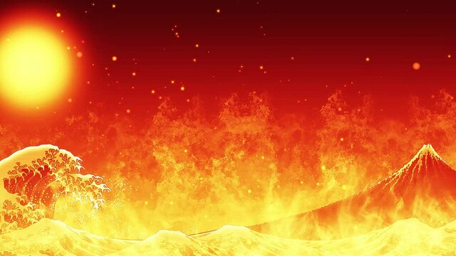 激しく燃えて火花が飛んでいる富士山と波
