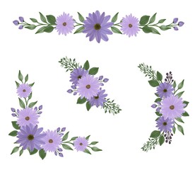 arrangement of purple daisy watercolor for greeting and wedding invitation