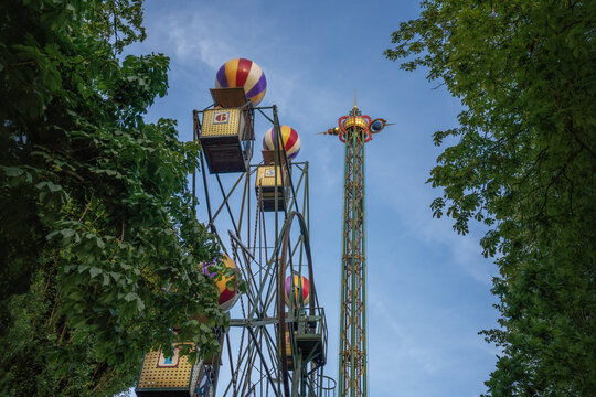Balloon Ferris Wheel and Star Flyer Ride (Himmelskibet) at Tivoli Gardens Amusement Park - Copenhagen, Denmark