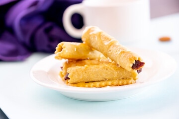 Arabic sweets. Traditional eid semolina maamoul or mamoul cookies with dates and  walnuts