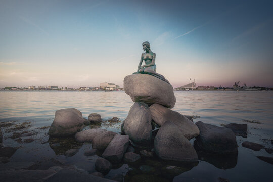 Little mermaid statue at sunset - Copenhagen, Denmark
