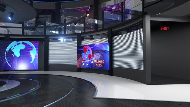 3d virtual news studio background loop,	
3D rendering background is perfect for any type of news or information presentation. The background features a stylish and clean layout