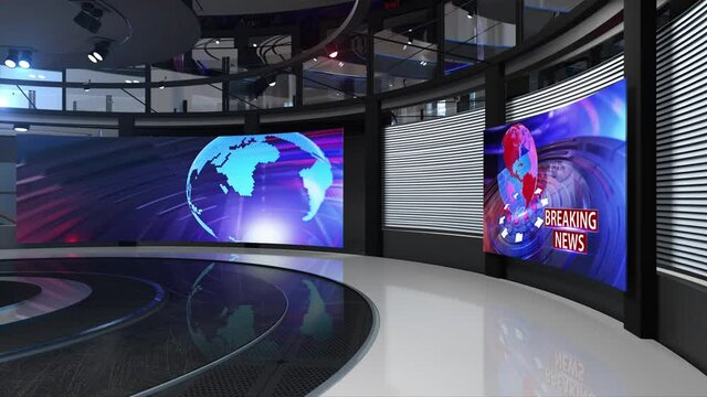 3d virtual news studio background loop,	
3D rendering background is perfect for any type of news or information presentation. The background features a stylish and clean layout