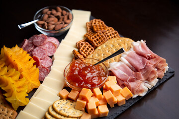 Full platter with meats, cheese, nuts, crackers, olives and an apricot spread