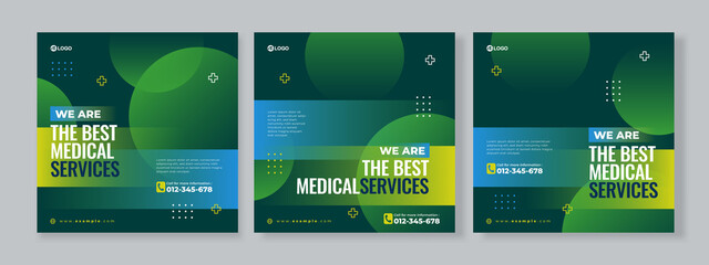 Set of three medical social media pack template premium vector