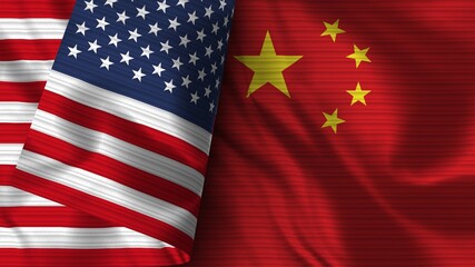 China and United States of America Realistic Flag – Fabric Texture 3D Illustration