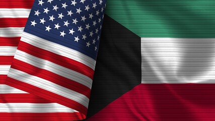 Kuwait and United States of America Realistic Flag – Fabric Texture 3D Illustration