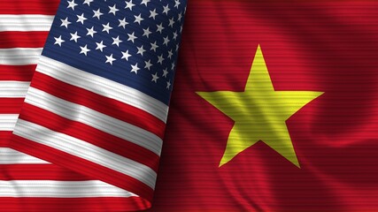 Vietnam and United States of America Realistic Flag – Fabric Texture 3D Illustration