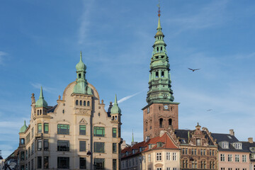 Amagertorv square buildings - Hojbrohus building and  Nikolaj Kunsthal Tower - Copenhagen, Denmark
