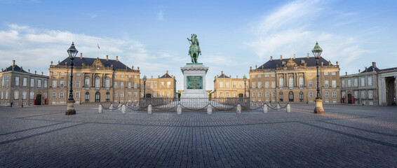 Fototapeta na wymiar Panoramic view of Amalienborg Palace and Frederick V Statue - Copenhagen, Denmark