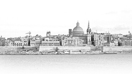 Typical and famous skyline of Valletta - the capital city of Malta - obrazy, fototapety, plakaty