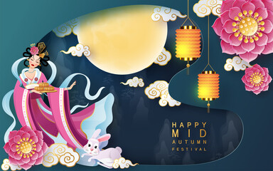 Mid Autumn festival moon goddess chang e with rabbit and moon, mooncake ,flower,chinese lanterns with gold paper cut style on color Background. ( Chinese Translation : Mid Autumn festival )