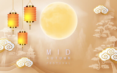 Mid Autumn festival moon goddess chang e with rabbit and moon, mooncake ,flower,chinese lanterns with gold paper cut style on color Background. ( Chinese Translation : Mid Autumn festival )