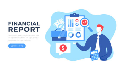 Financial report. Businessman character looking at the clipboard with financial infographic. Business audit, financial advisor, money management, finance concepts. Flat design. Vector illustration
