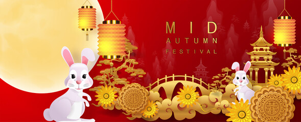 Mid Autumn festival moon goddess chang e with rabbit and moon, mooncake ,flower,chinese lanterns with gold paper cut style on color Background. ( Chinese Translation : Mid Autumn festival )