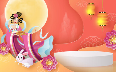 3d products podium mid autumn festival holiday or chinese new year, chinese festivals vector design with paper art ,flower, moon, rabbit, and asian elements with craft style on background.