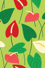 Fototapeta na wymiar Seamless Pattern Wallpaper of Flamingo Flowers and Leaves for the Tropical Plant Background.