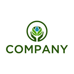 Nature logo design, organic vector graphic with hand and water drop icon
