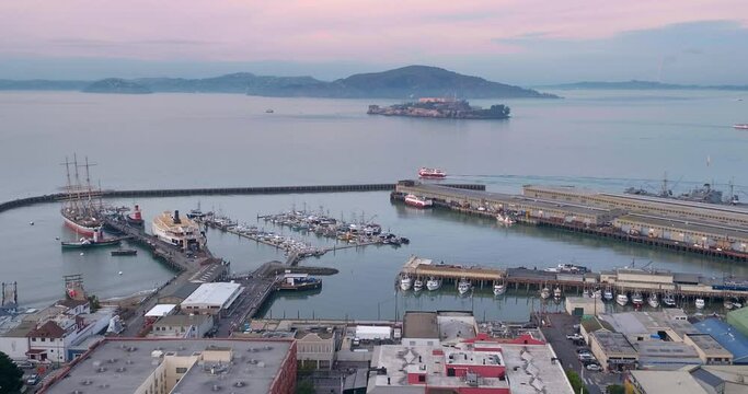 Aerial: Fishermans wharf and Alcatraz Island, San Francisco, USA