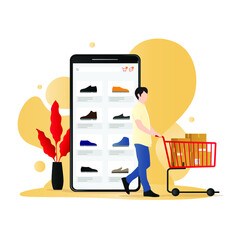 Mobile Commerce vector concept, a man with a shopping cart which is full of boxes, e-commerce advertising illustration.