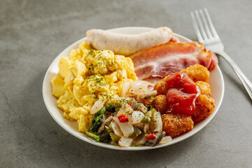 Brunch: Sausage, Bacon, Scrambled Egg, Vegetables, Hash Brown