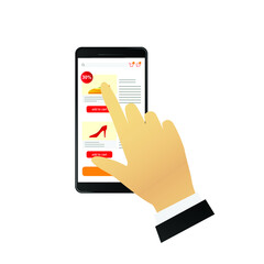 Mobile commerce vector concept, hand smartphone choosing item  on online shopping app.