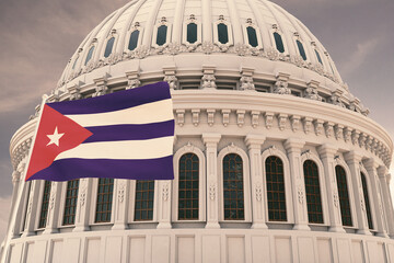 Beautiful flag of the Cuba waving with the strong wind and behind it the dome of the Capitol 3D RENDER.