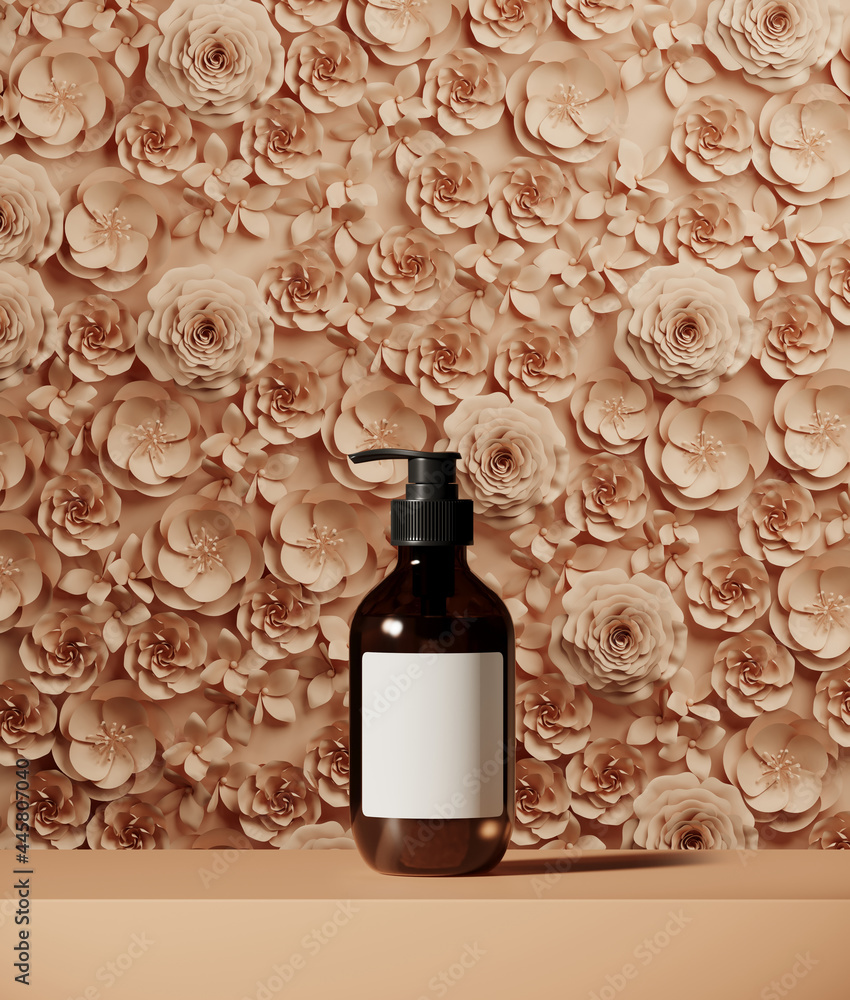 Poster summer mockup background for product presentation. paper flower and podium on beige background. 3d r