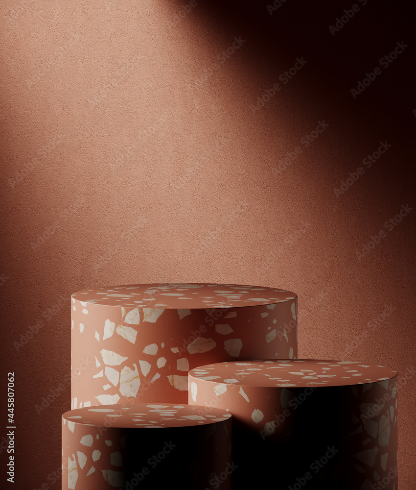 Poster Mediterranean style mockup for product presentation. Terrazzo platform with shadow on deep red stucco background. Clipping path of each element included. 3d rendering illustration. 