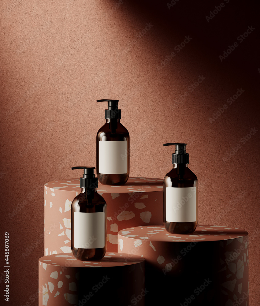 Poster mediterranean style mockup for product presentation. terrazzo platform with shadow on deep red stucc