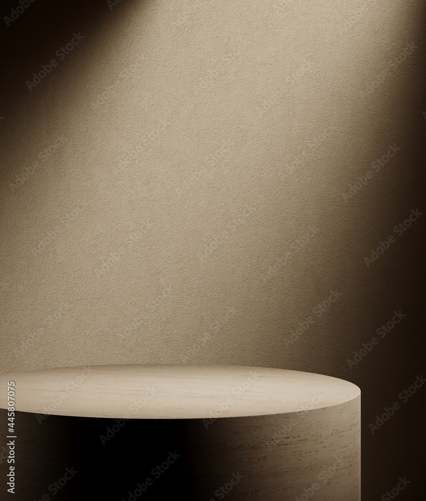 Poster mediterranean style mockup for product presentation. travertine platform with shadow on beige stucco