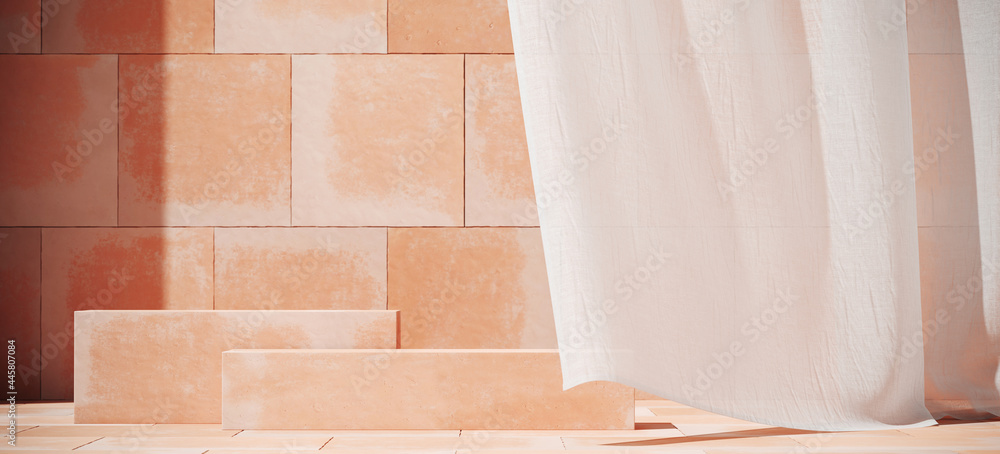 Poster minimal abstract background for product presentation. sunshade shadow on pink terracotta tile with s