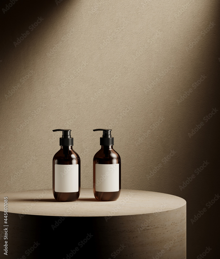 Poster mediterranean style mockup for product presentation. travertine platform with shadow on beige stucco