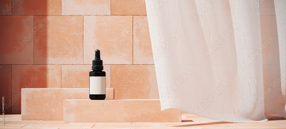 Poster minimal abstract background for product presentation. sunshade shadow on pink terracotta tile with s