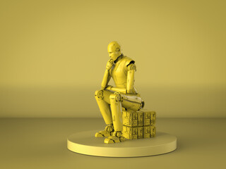 yellow robot think or compute on yellow background