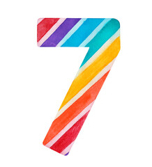 Watercolor illustration of number 7, decorated with colorful rainbow stripes. One single object. Hand drawn water color graphic painting, cut out clip art element for design decoration, poster, card.