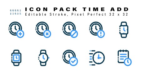 Icon Set of Time Add Two Color Icons. Contains such Icons as Smartwatch, Circle, Device, Time Check Symbol etc. Editable Stroke. 32 x 32 Pixel Perfect