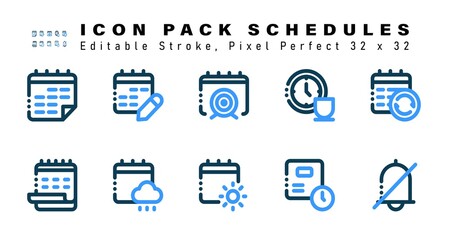 Icon Set of Schedules Two Color Icons. Contains such Icons as Refresh Date, Monthly Calendar, Rainy Calendar, Summer etc. Editable Stroke. 32 x 32 Pixel Perfect