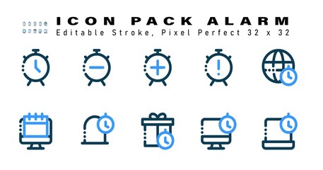 Icon Set of Alarm Two Color Icons. Contains such Icons as Global Time, Online Calendar, Notification Time, Schedule Gift etc. Editable Stroke. 32 x 32 Pixel Perfect
