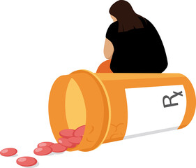 Depressed overweight woman sitting on a bottle of prescription pills that fail to help her and might cause obesity, EPS 8 vector illustration - obrazy, fototapety, plakaty