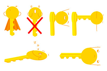 6 cartoon characters with flat illustration style, each character has its own style and expression, this illustration only focuses on the object (no background), and uses golden yellow color