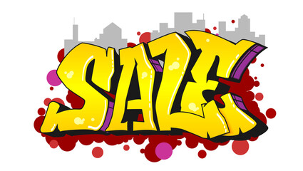 Sale. An inscription in the style of street graffiti on the background of an urban silhouette. Vector illustration